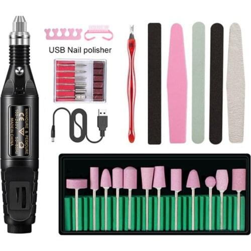 23-piece Electric Nail Polisher Drill Machine USB Nail Polish Pen Sponge Polishing And Black Sand Rubbing Nails Drill Bits Set