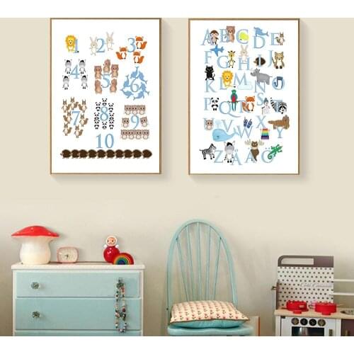 Nordic Canvas Painting Cartoon Animal English Alphabet Board Wall Art Posters And Prints Pictures Modern Kids Bedoom Decor