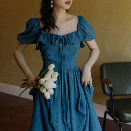 French Vintage Dress Women Casual Puff Sleeve One Piece Dress Retro Gothic Fairy Midi White Dress Female Evening Party Chic