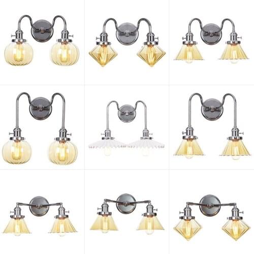 Chrome Finished Dual Heads Iron Rack Wall Mount Wall Sconce with Clear Glass shade E27 LED Edison Bulb Wall Lamp Aisle Balcony