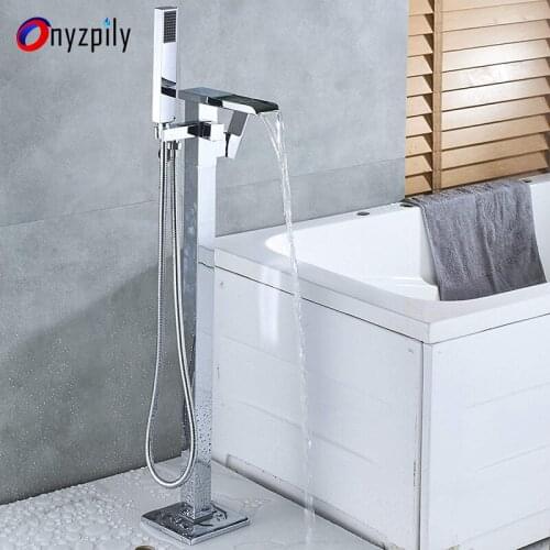Bathroom Chrome Free Standing Tub Tap LED Waterfall Spout Handheld Sprayer Floor Mounting