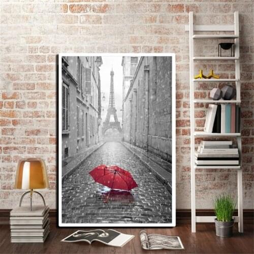 Red Umbrella Romantic Paris City Canvas Painting Wall Art Picture Poster Prints Black and White Eiffel Tower Photo Home Decor