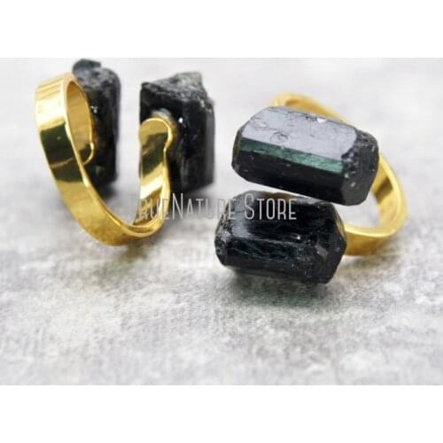5Pcs RM20188 Gold Plated Black Stone Adjustable Rings Copper Jewelry Gold Plated Black Tourmaline 2 Stone Free Form Ring