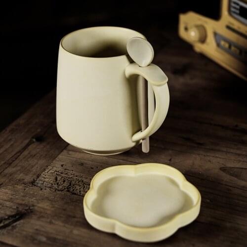 Creative retro ceramic breakfast milk cup coffee cup large capacity water cup oatmeal cup mug with lid spoon