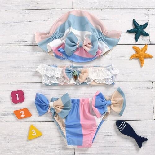 3pcs/set Girls Ruffled Tops Cap Bow Tie Swim Trunks Bikini Floral Printing Swimwear Outdoor Beach Holiday Bathing Suit Beachwear