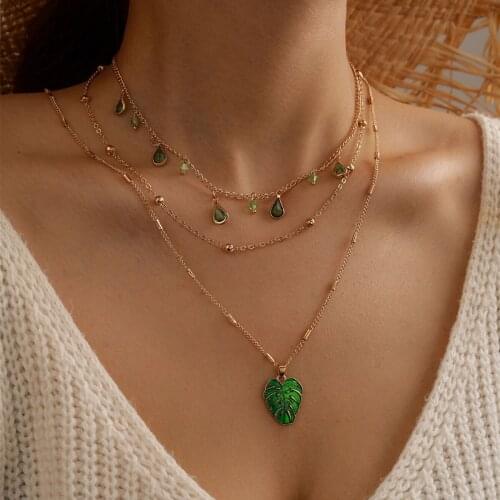 Meetvii New Fashion Jewelry Romantic Crystal Leaf Pendant Necklaces Multilayer Sweater Chain Necklaces for Women Female Gift