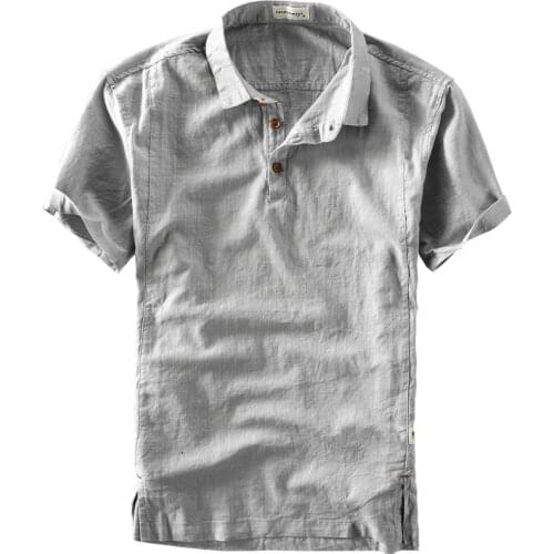 2021 Summer Mens Linen Shirts Breathable Loose Lapel Collar Cotton Short Sleeve Grey Linen Henley Shirt