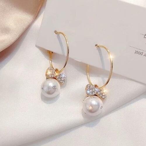 New Fashion Elegant Water Drop Pearl Earrings Sweet Korean Shiny Metal Bowknot Women Drop Ear Stud Jewelry Wholesale