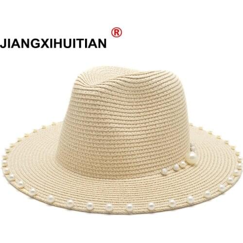 New Summer Women Hats Sequin Visor Cap Brim Jazz Travel England Pearl Beach Caps Straw Hat Women Casual Panama Sun Hat