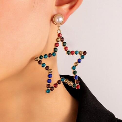 Tocona Colorful Star Statement Earrings for Women Luxury Rhinestone Hollow Geoemtric Drop Dangle Earring Jewelry серьги 17368