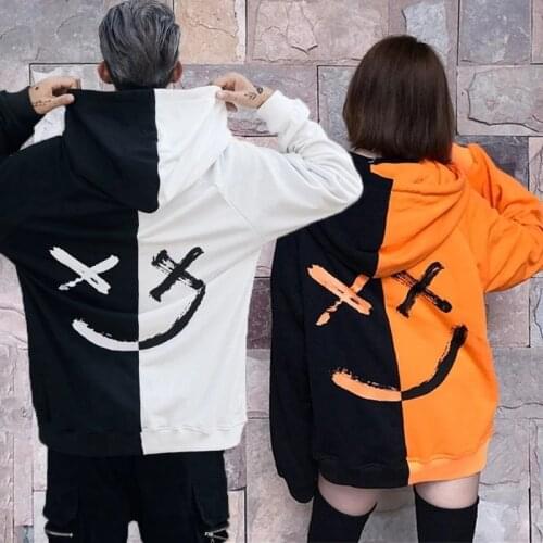 Men Smile Printed Patchwork Hoodies Couple Autumn Winter Oversize Hip Hop Sweatshirt Women Fashion Loose Lounge Wear Clothing