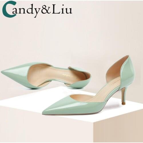 Light Green Pointed High Heels Female 2021 Girl Small Fresh 6cm Cyan Patent Leather Hollow Thin Heel Set Foot Shoes Female