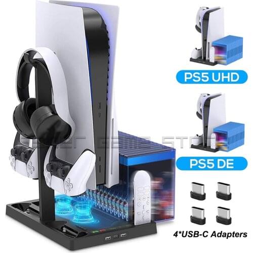 PS5 Vertical Stand 2 Controller Charger 2 Cooler Cooling Fan 15 Game Slots Headset Holder for Playstation 5 Console Accessories