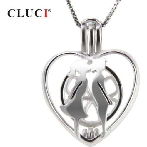 CLUCI Silver 925 Jewelry Kissing Lovers Heart Pendant For Women Necklace 925 Sterling Silver Love Pendant Pearl Locket SC208SB
