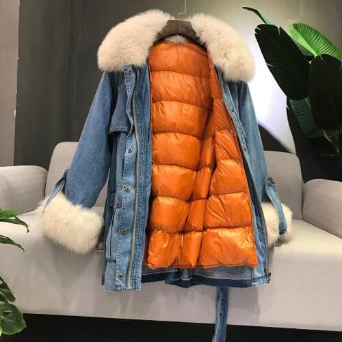 Real fox fur collar denim 90% White duck Down Jacket women winter parka combination Removable liner fur slim streetwear coat