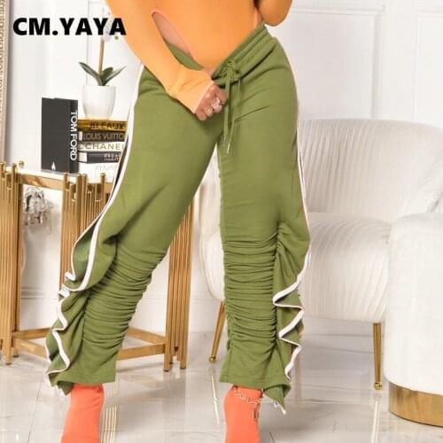 CM.YAYA Women Ruffles Splicing High Split Stacked Pants Leggings Streetwear Fashion Ruched Trousers Draped Jogger Sweatpants