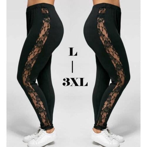 2020 Womens Ladies Floral Lace High Waist Pants Side Panel Cut Out Black Leggings Plus Size Ladies Clothes Patchwork Trousers