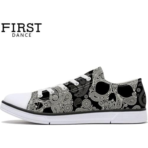 FIRST DANCE Low Top Skull Shoes For Women Paisley Girl Canvas Shoes Skull Printed Women Canvas Shoes Students Casual Shoes Women