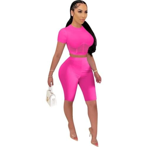 Solid Color Sheer Mesh Splicing Women 2 Piece Set Short Sleeve Crop Top +Shorts 2020 Summer Fashion Matching Set Plus Size S-XXL