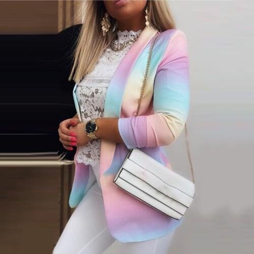 Women Chic Office Lady Cardigan Breasted Blazer Vintage Coat Fashion Gradient Print Long Sleeve Notched Loose Blazers Tops 2021