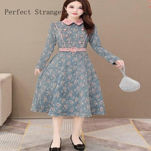 2021 Spring Autumn New Arrival High Quality S-3XL Retro Peter Pan Collar Bowknot Women Long Dress With Belt