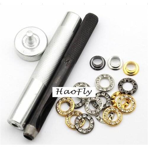 1 sets hand press for eyelet tools + 60sets 3colors Inner size 6mm round metal brass rhinestone eyelets glass grommets