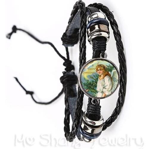 1PC Christmas Angel 20mm Round Glass Cabochon Handmade Leather Bracelet Women Men Party Favor Adjustable Bracelet Jewelry Best