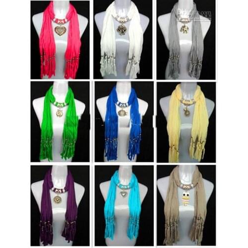 2018 MIXED design necklace scarves with alloy pendant womens fashion ployester scarf mixed colors 60pcs