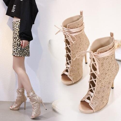 2020 new European and American sexy water drill band hollow cool boots fish mouth ultra high heel (above 8CM) womens shoes