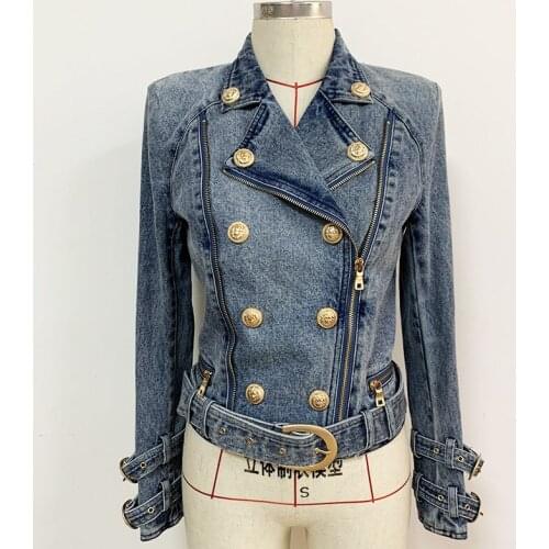2021 Star New Mess Jacket Lion Buckle Slim Double Zipper Diagonal Zipper High Quality Washed Denim Motorcycle Jacket O67
