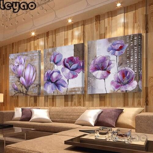 3 Piece Vintage Home Decor Purple Flower Diamond Painting Modern Home Decor full diamond embroidery Pictures for Living Room