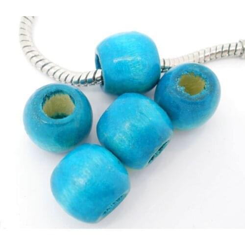Free Shipping 100pcs Blue Dyed Drum Wood Big Hole Beads. Fits European Charm Bracelet 11x12mm