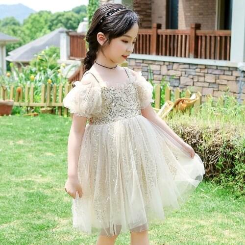 Shiny Girls Sequins Dress for Kids Lovely Sparkle Dress Shoulderless Summer Clothes Princess Party Gown