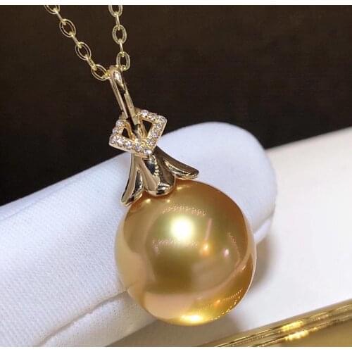 D401 Pearl Pendant Fine Jewelry Solid 18k Gold Natural Diamonds and 13-14mm Ocean Sea Water Rond Golden Pearl Pendants Necklaces