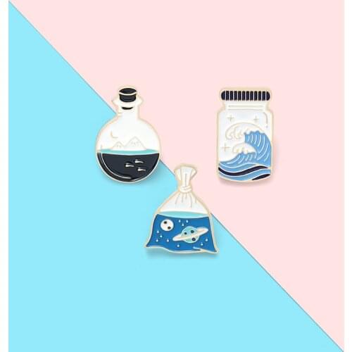 Ocean Sea Wave Brooches Drift Bottle Plastic Bag Enamel Pins for Backpacks Lapel Pin Cartoon Anime Badges Jewelry Gift