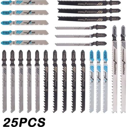 25PC Saw Blades T-Shank Jigsaw Blades Assorted Blades for Wood Plastic Metal Cutting Saw Blades Made with HCS/HSS/BIM