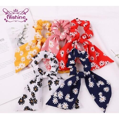 Nishine Fashion Floral Print Scrunchies Hair Rope Cute Little Daisy Pattern Rubber Bands Ponytail Holder Headwear Girl Accessory