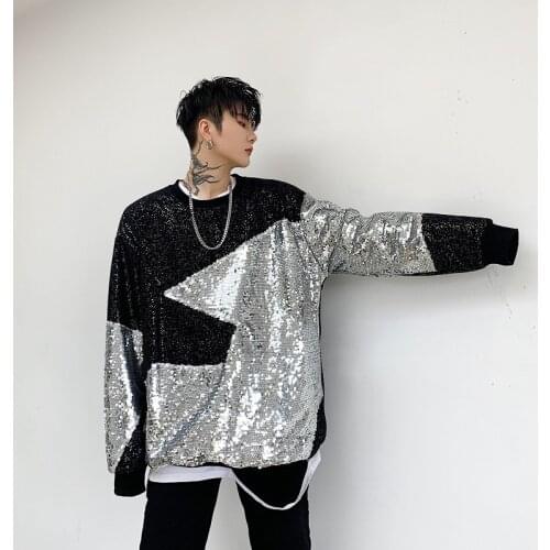 Shiny Sequin Splicing Mens Loose Casual Pullover Hoodie Tees Shirts Tide Male Hip Hop Street Dance Tops T-Shirt Stage Costume
