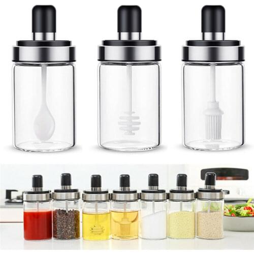 Glass Seasoning Bottle Set Kitchen Spice Kit Bottles Pepper Spoon Seasoning Jars Oil Brush Honey Container Food Set Storage