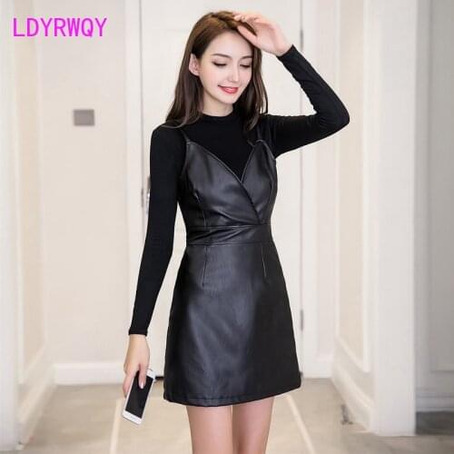 Autumn new wild two-piece set base slim PU leather strap dress Faux Leather O-Neck Knee-Length Pullover