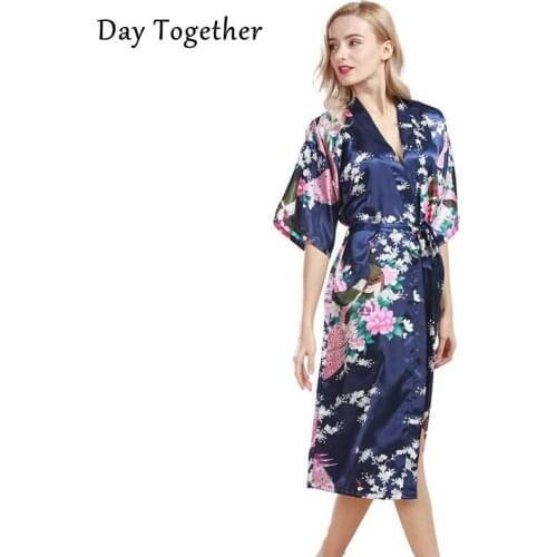 Sexy Women Long Robe Summer Pajamas bathrobes Kimono Satin Silk Floral Print Dressing Gown Rayon Nightdress Femme S-3XL