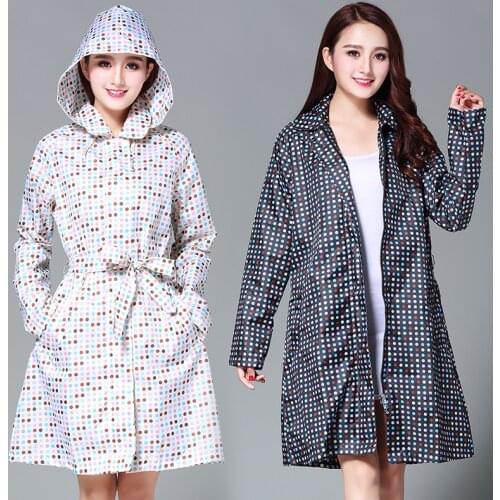 Fashion Trendy Color Polka Dot Adult Mid Length Belt Corset Outdoor Hiking Slim Windbreaker Raincoat Poncho