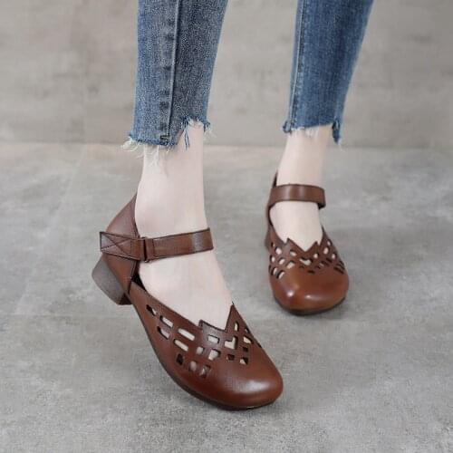 Summer Flat Toe Cap Buckle Hole Shoes Leather Thick-heeled Womens Sandals Waterproof Top Layer Cowhide Hollow Roman Shoes