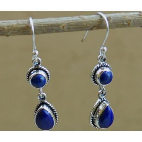 Vintage Small Water Drop Navy Blue Stone Earrings Tribal Ethnic Round Beads Women Dangle Earring for Party Jewelry