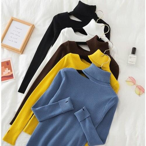 Fall Winter Turtleneck Off Shoulder Sweater Women Long Sleeve Solid Slim Basic Knit Top Female Casual Fashion Pullover Sweaters