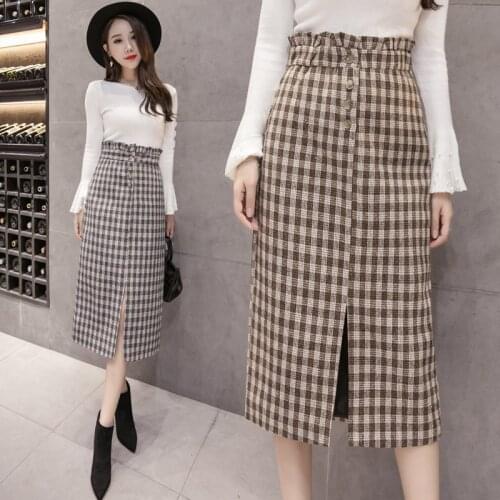 Vintage Plaid tartan Split Skirt Autumn Winter Casual Women Elastic Waist Midi Long Skirts Female Elegant Package Hip Skirt W222