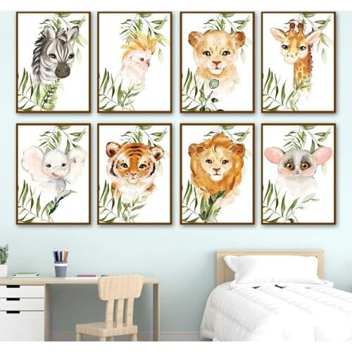 Zebra Lion Giraffe Elephant Tiger Leaf Nursery Wall Art Canvas Painting Nordic Posters And Prints Wall Pictures Kids Room Decor