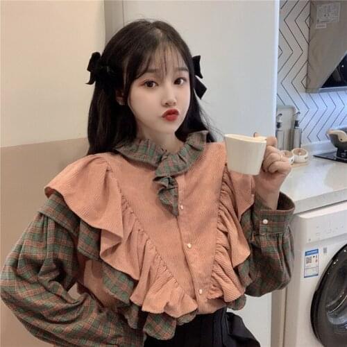 Autumn new product shirt retro sweet and cute corduroy ruffle stitching plaid long sleeve temperament blouse female