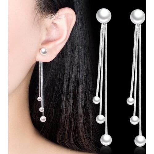 Simple 925 Sterling Silver Pearl Long Tassel Ripple Chain Earrings Brincos for Women Boucle D'oreille Pendientes Jewelry Gift