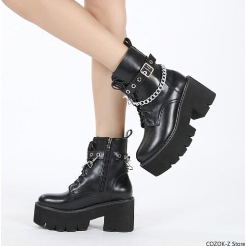 Women Gothic Ankle Boots Zip Punk Style Platform Shoes Goth Winter Lace-up Booties Chunky Heel Sexy Chain